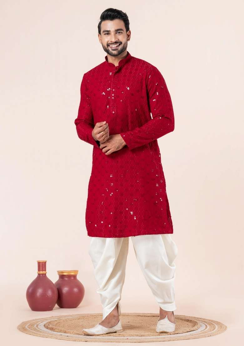 Red Embroidery Cotton Kurta Pyjama Set For Men - Indya
