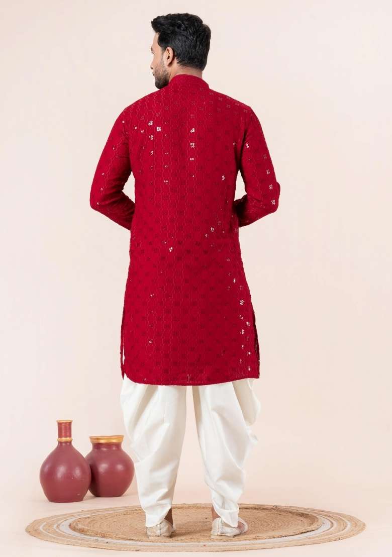 Red Embroidery Cotton Kurta Pyjama Set For Men - Indya