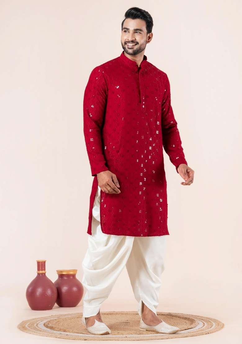 Red Embroidery Cotton Kurta Pyjama Set For Men - Indya
