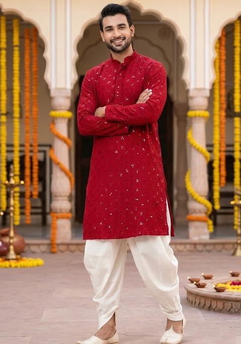 Red Embroidery Cotton Kurta Pyjama Set For Men