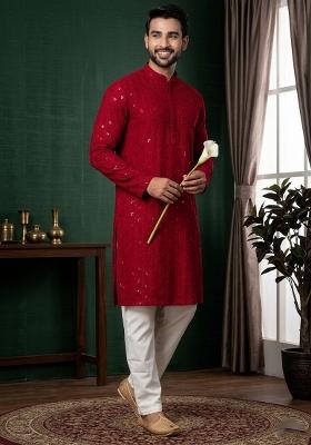 Red Embroidery Cotton Kurta Patiala Set For Men