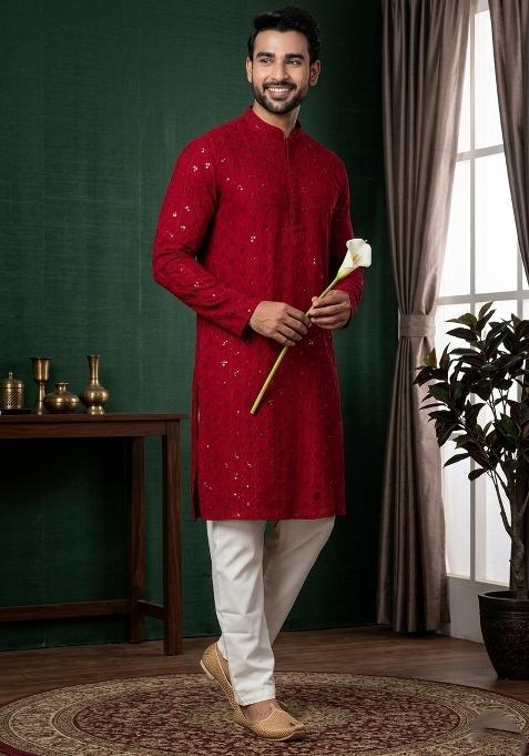 Red Embroidery Cotton Kurta Patiala Set For Men