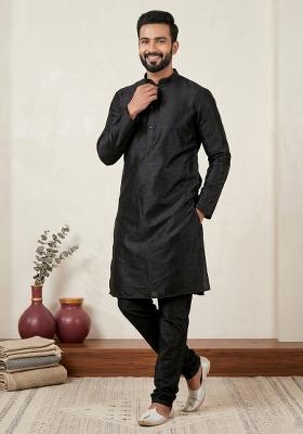 Black Solid Silk Blend Kurta Churidar Set For Men