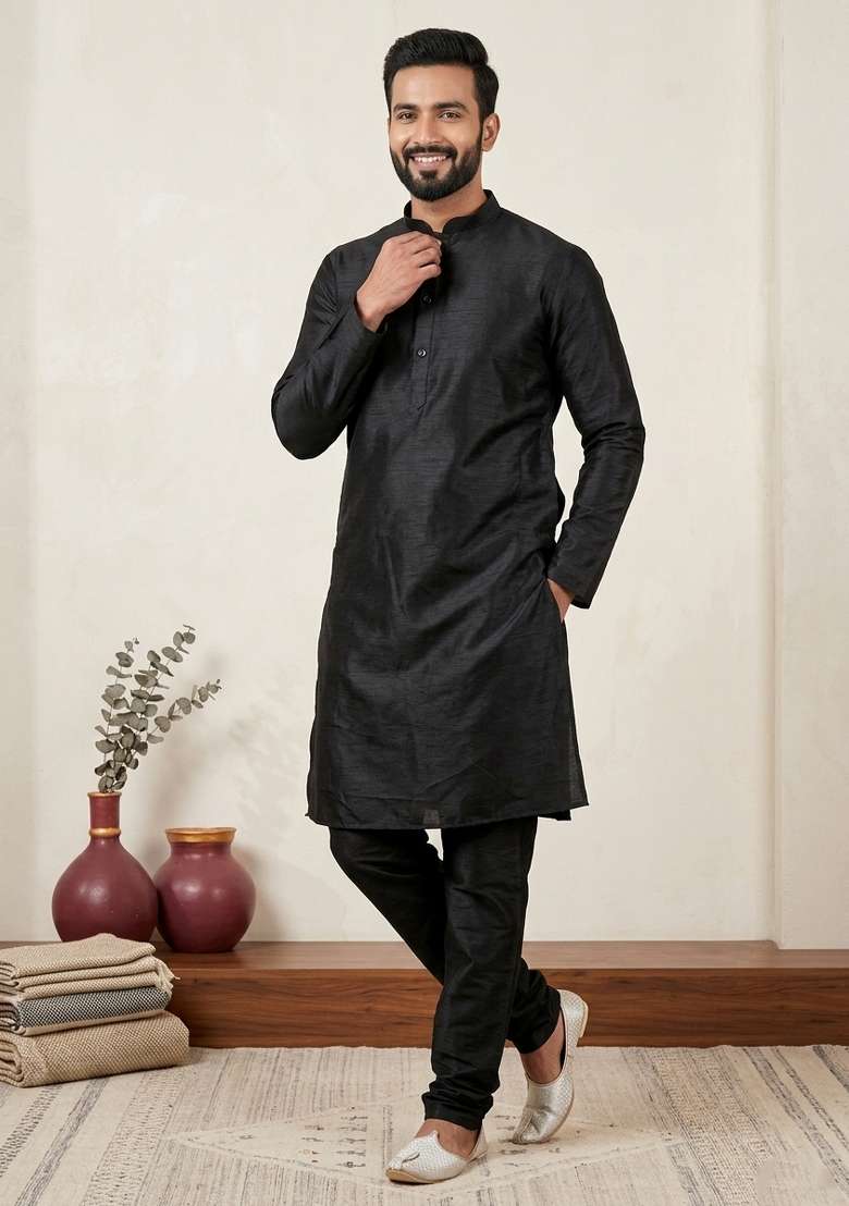 Black Solid Silk Blend Kurta Churidar Set For Men - Indya