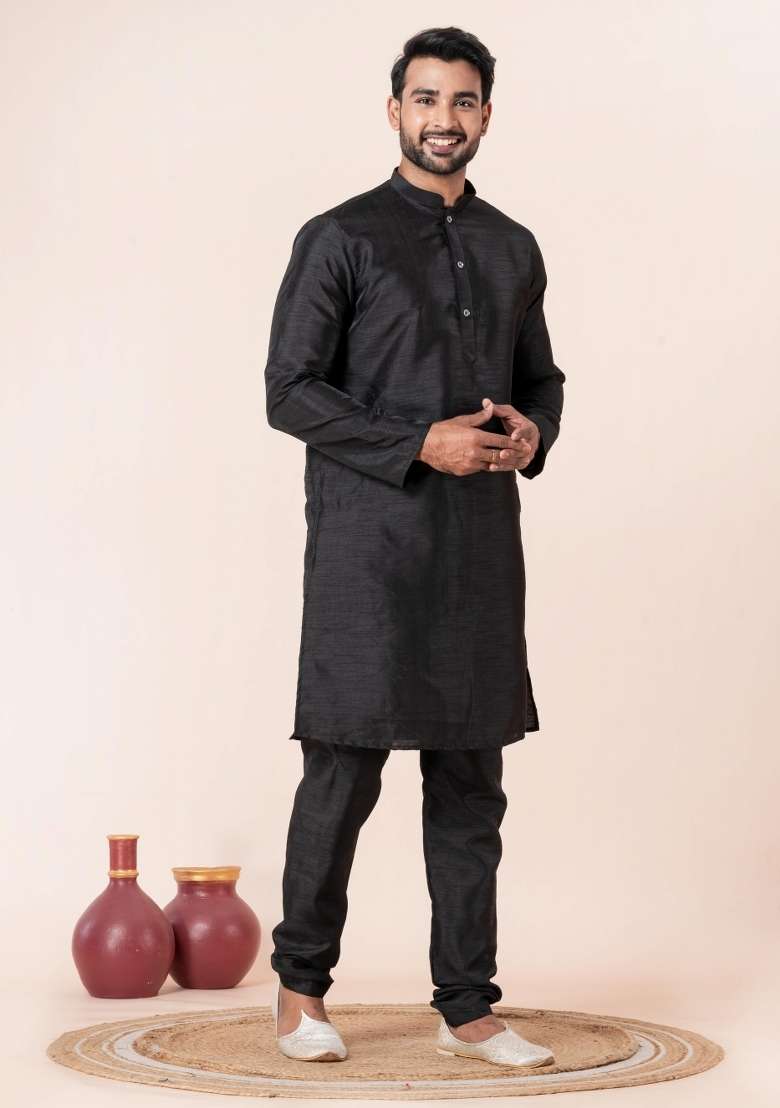 Black Solid Silk Blend Kurta Churidar Set For Men - Indya