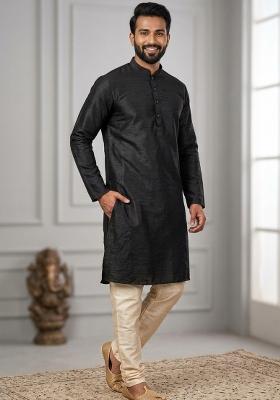 Black Solid Silk Blend Kurta Churidar Set For Men