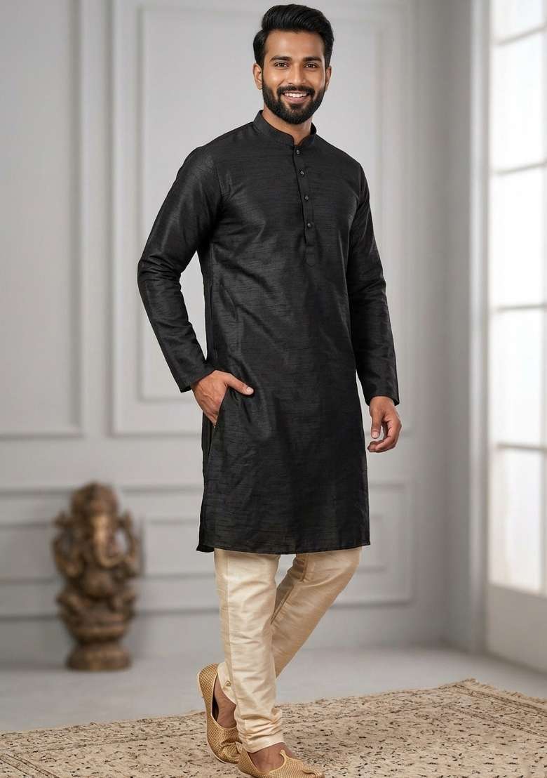 Black Solid Silk Blend Kurta Churidar Set For Men - Indya