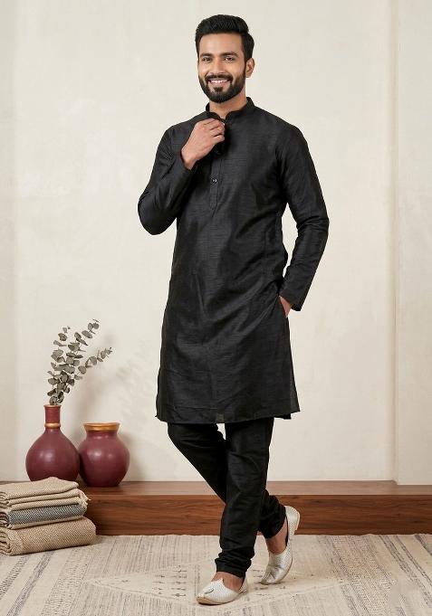 Yellow Solid Silk Blend Kurta For Men