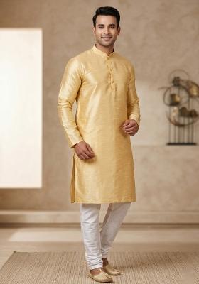 Yellow Solid Silk Blend Kurta Churidar Set For Men