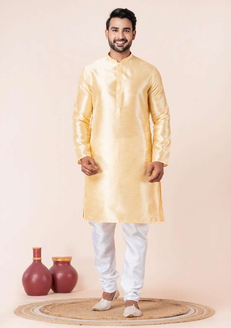 Yellow Solid Silk Blend Kurta Churidar Set For Men - Indya