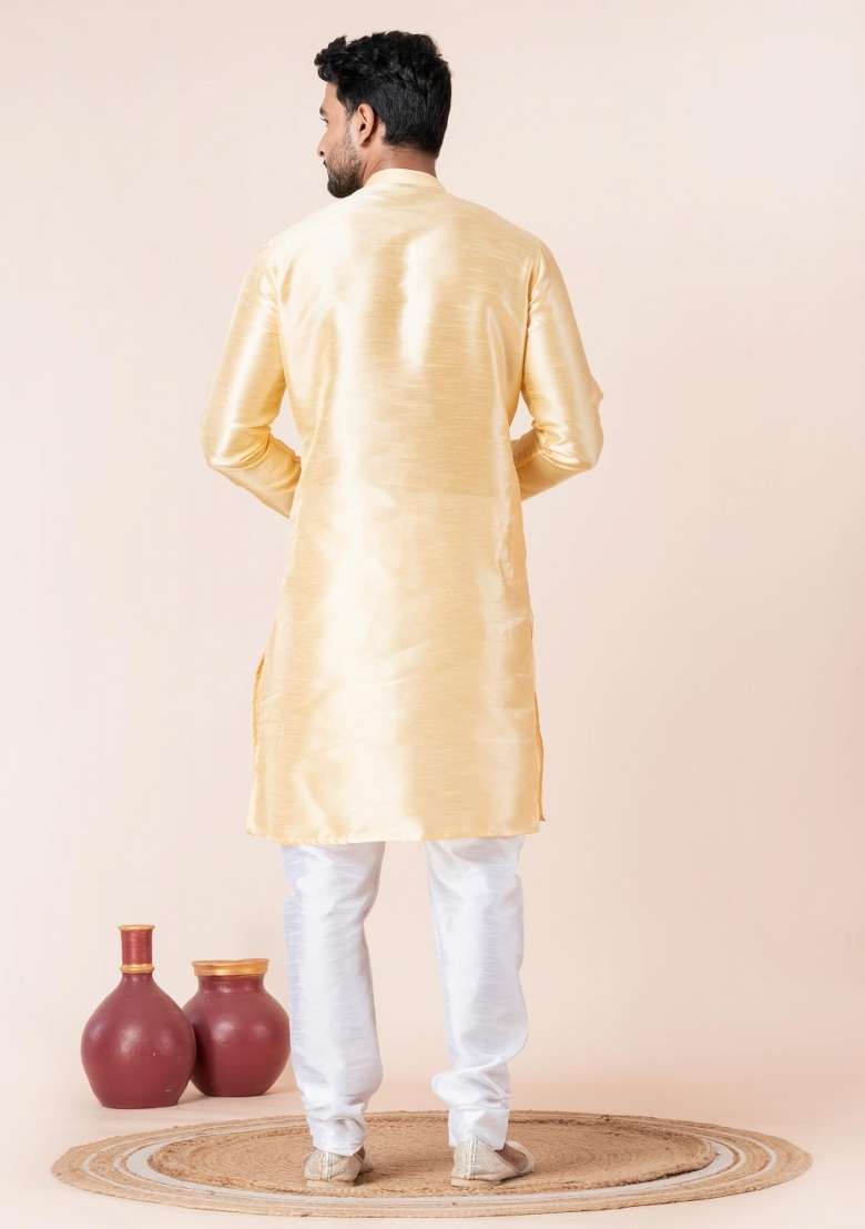 Yellow Solid Silk Blend Kurta Churidar Set For Men - Indya