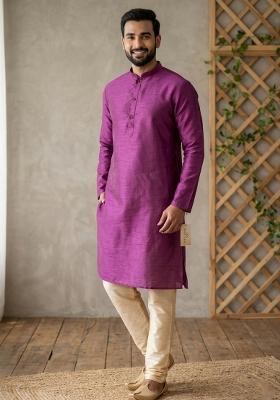 Dark Green Solid Silk Blend Kurta For Men