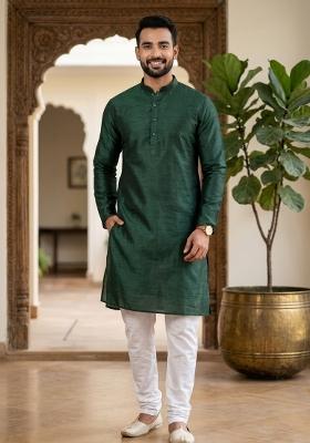 Dark Green Solid Silk Blend Kurta Churidar Set For Men