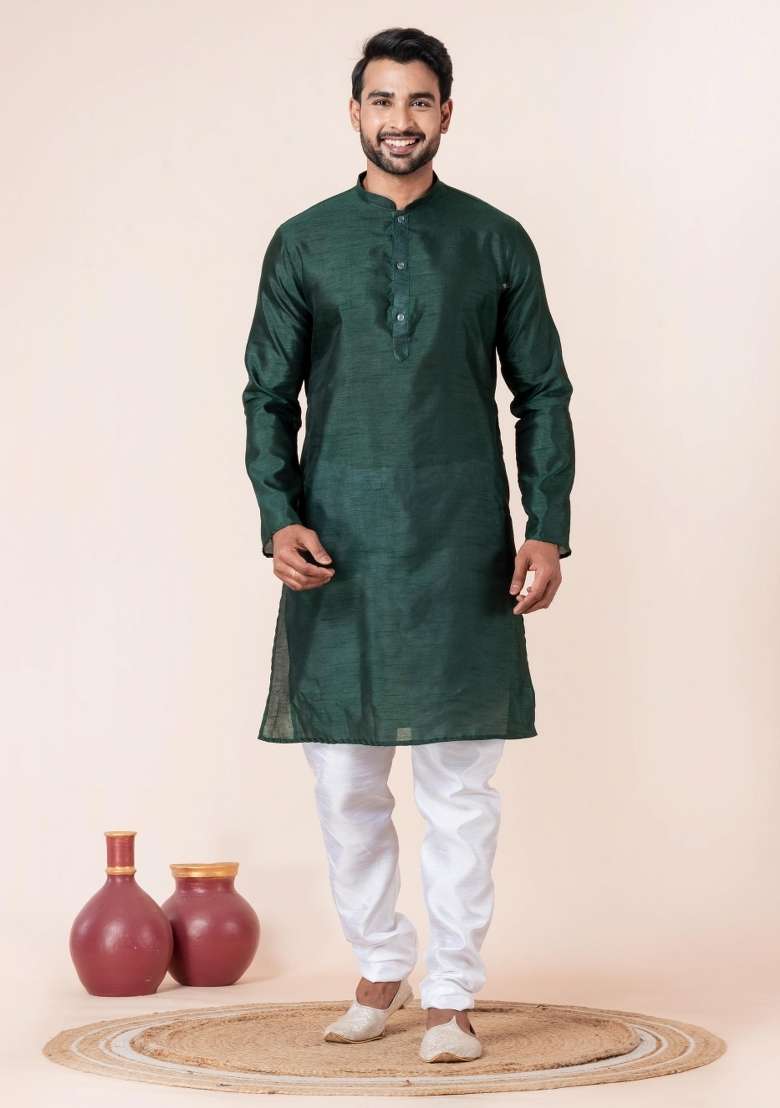 Dark Green Solid Silk Blend Kurta Churidar Set For Men - Indya