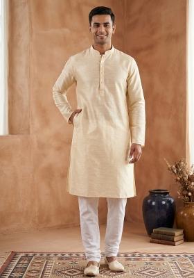 Beige Solid Silk Blend Kurta Churidar Set For Men