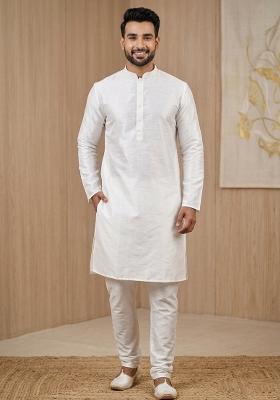 Grey Solid Silk Blend Kurta For Men