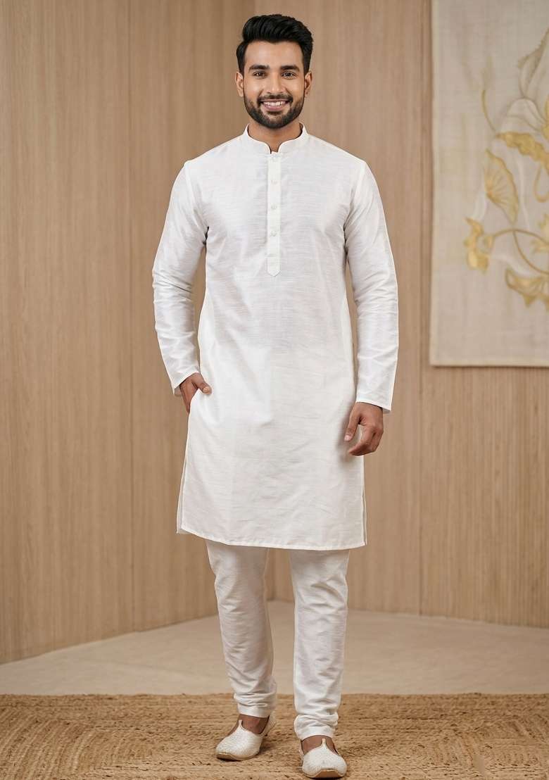 Grey Solid Silk Blend Kurta For Men - Indya