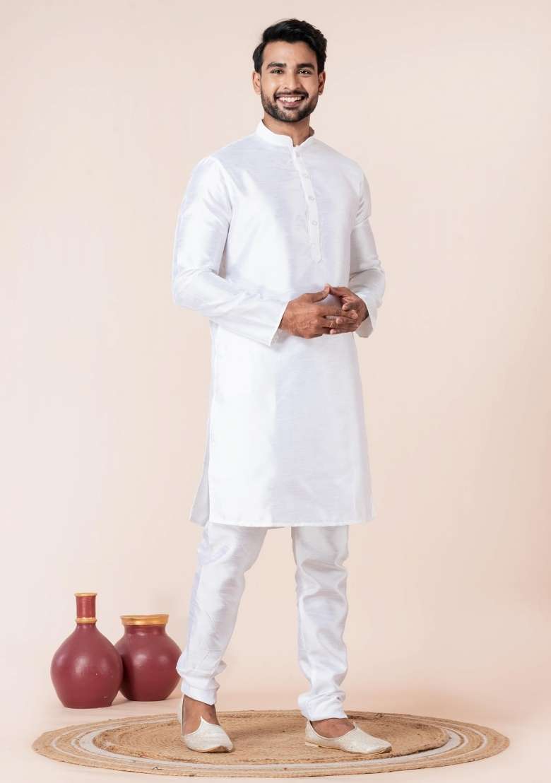 Grey Solid Silk Blend Kurta For Men - Indya