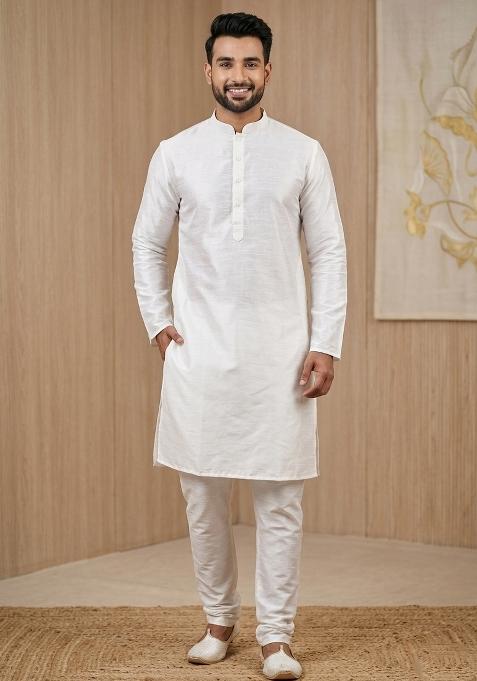 Grey Solid Silk Kurta For Men