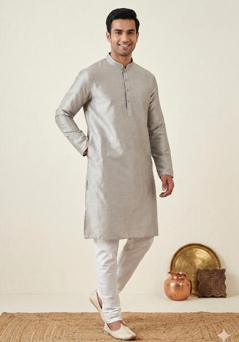 Grey Solid Silk Kurta Churidar Set For Men