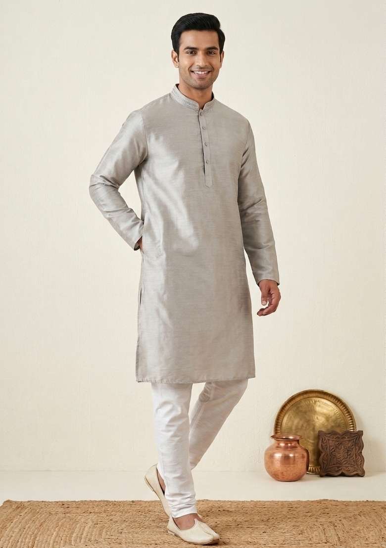 Red Solid Silk Blend Kurta For Men - Indya