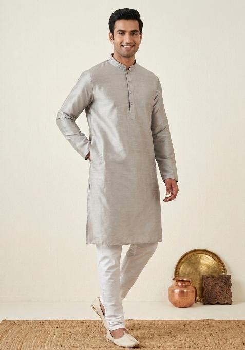 Red Solid Silk Kurta For Men
