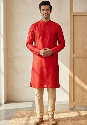 Red Solid Silk Blend Kurta Churidar Set For Men