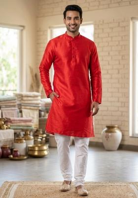 Red Solid Silk Blend Kurta Churidar Set For Men