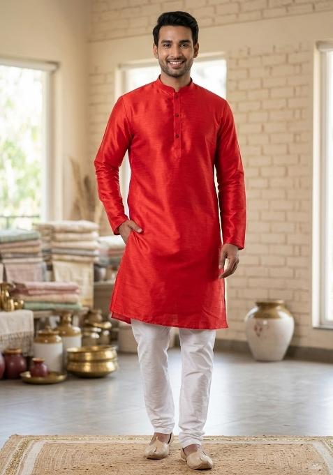 Red Solid Silk Kurta Churidar Set For Men