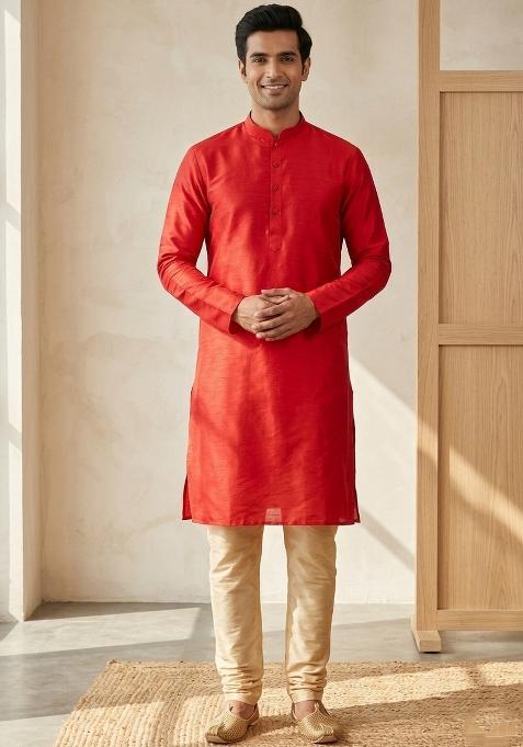 Brown Solid Silk Kurta For Men