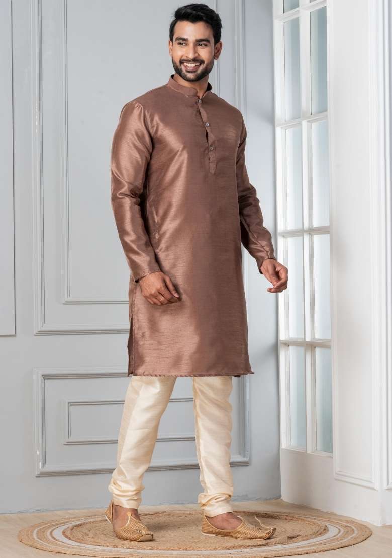 Red Printed Silk Blend Kurta For Men - Indya