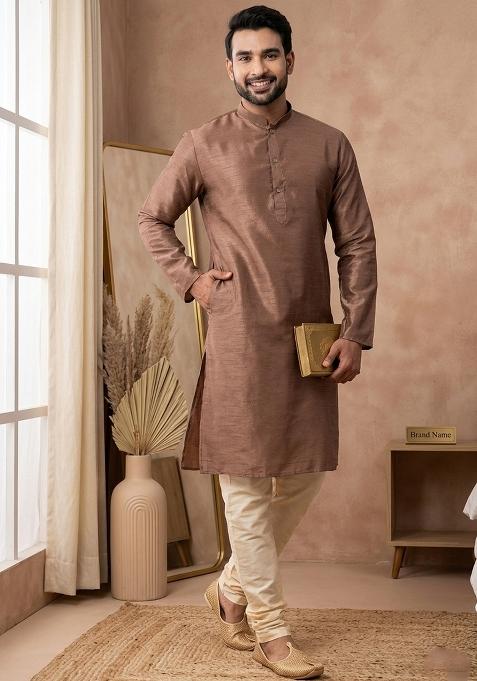 Red Printed Silk Kurta For Men