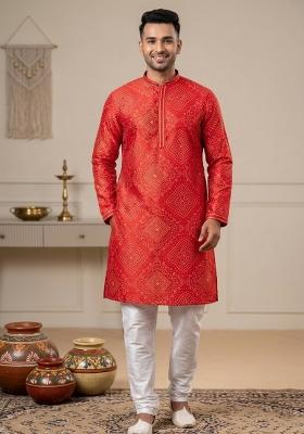 Red Printed Silk Kurta Churidar Set For Men