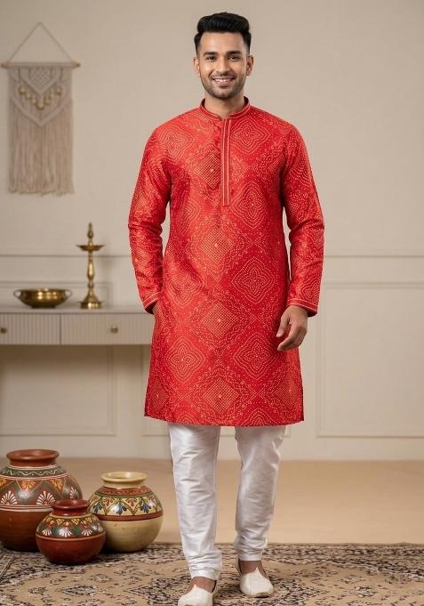 Red Printed Silk Kurta Churidar Set For Men