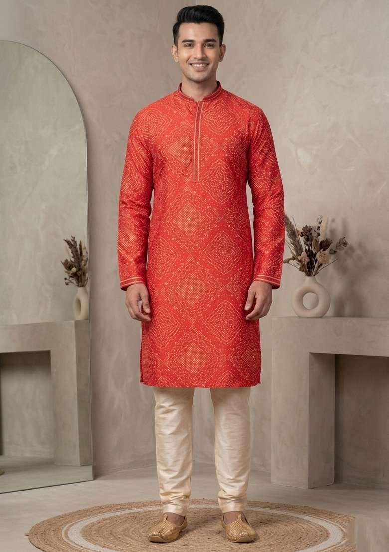 Purple Printed Silk Blend Kurta For Men - Indya