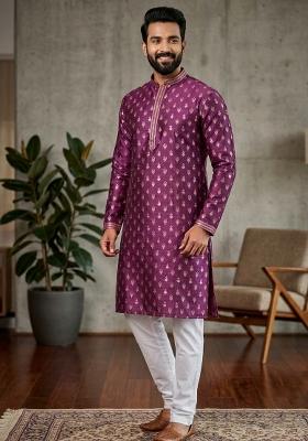 Purple Printed Silk Blend Kurta Churidar Set For Men