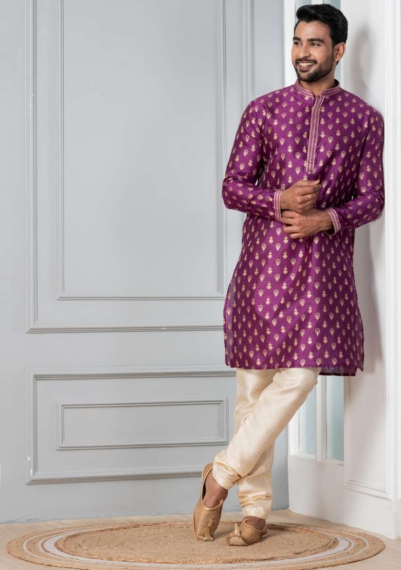 Purple Printed Silk Blend Kurta Churidar Set For Men - Indya