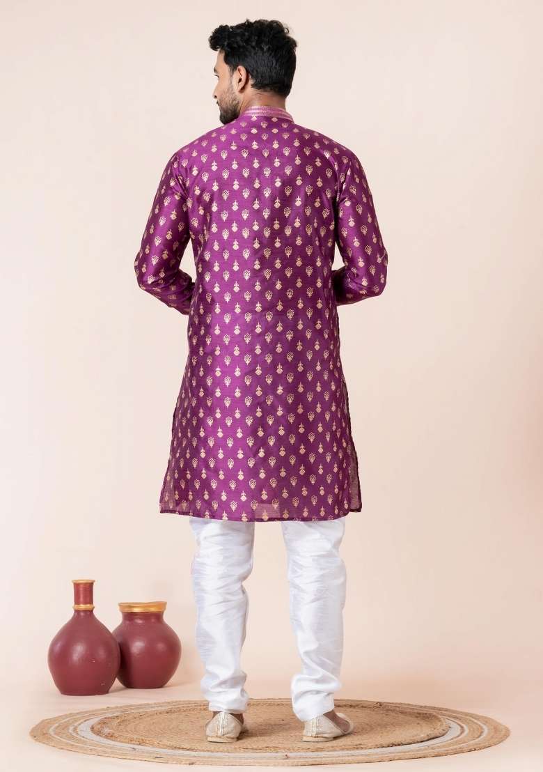 Purple Printed Silk Blend Kurta Churidar Set For Men - Indya