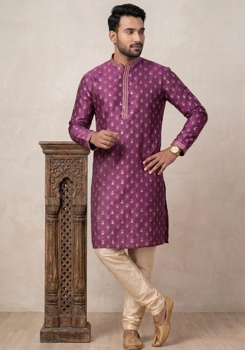 Brown Printed Silk Kurta For Men