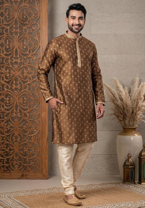 Brown Printed Silk Kurta Churidar Set For Men
