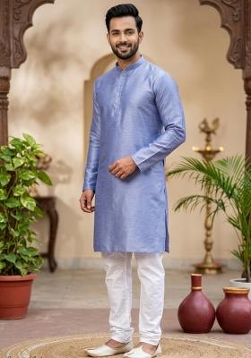 Sky Blue Solid Silk Blend Kurta Churidar Set For Men