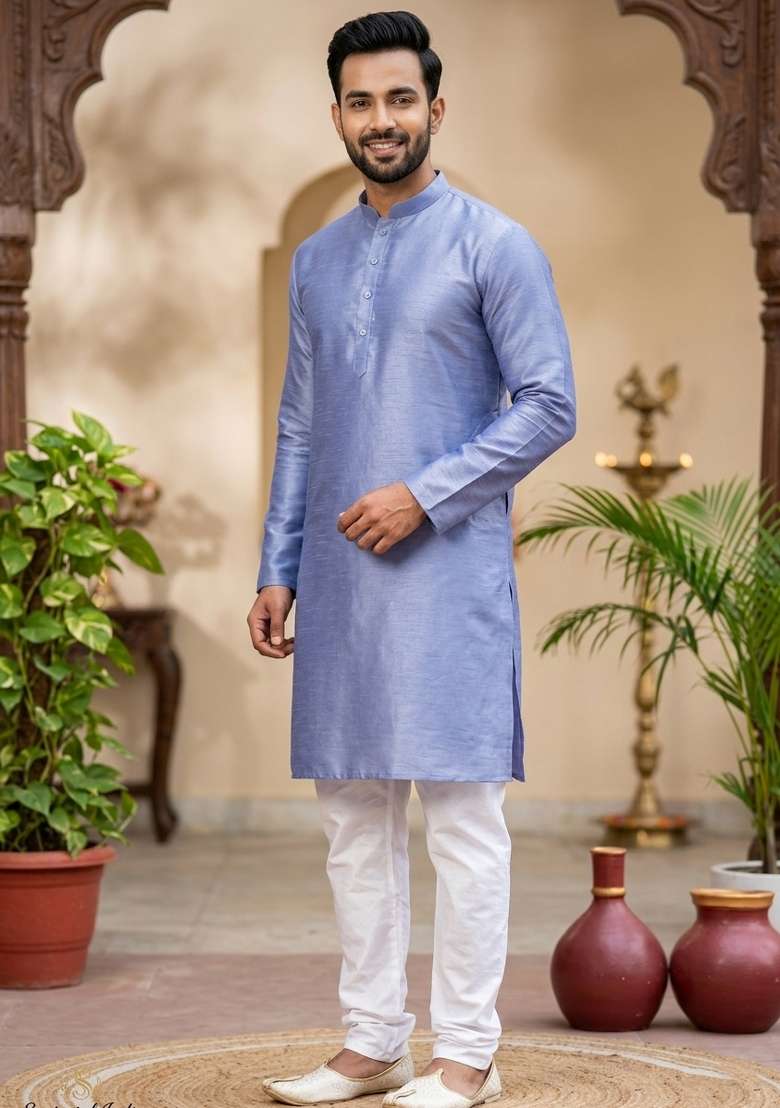 Sky Blue Solid Silk Blend Kurta Churidar Set For Men - Indya