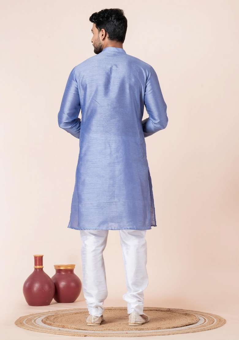 Sky Blue Solid Silk Blend Kurta Churidar Set For Men - Indya