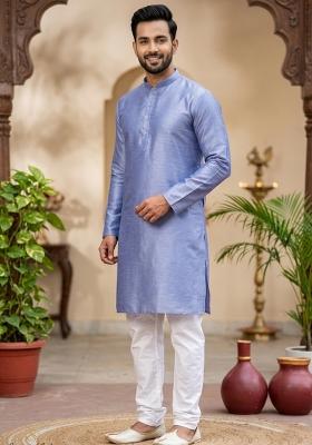 Blue Solid Silk Blend Kurta For Men