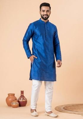Blue Solid Silk Blend Kurta Churidar Set For Men