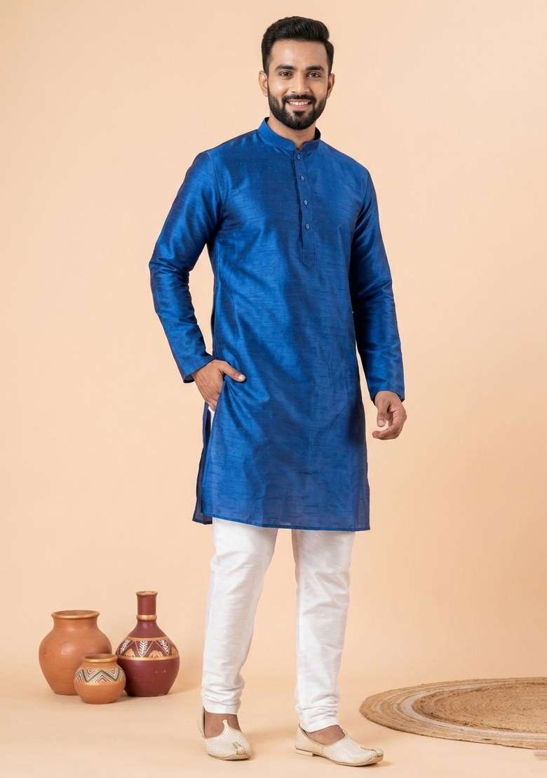 Blue Solid Silk Blend Kurta Churidar Set For Men - Indya