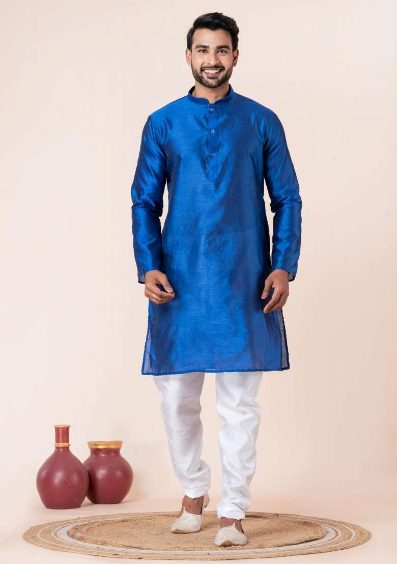 Blue Solid Silk Blend Kurta Churidar Set For Men - Indya