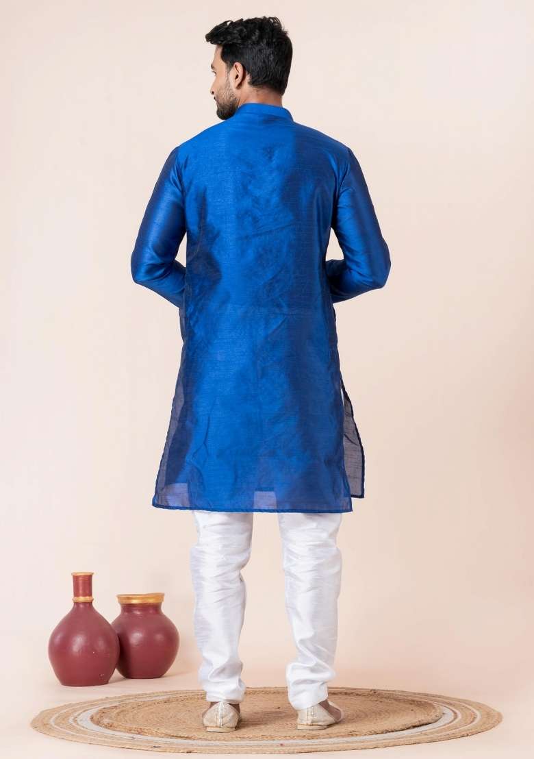 Blue Solid Silk Blend Kurta Churidar Set For Men - Indya