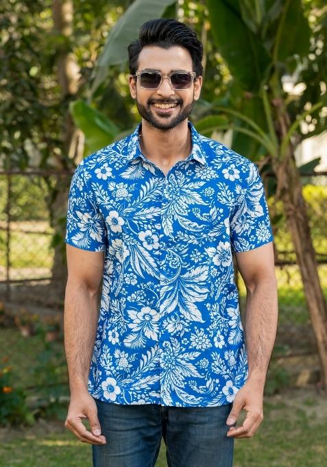 Blue Floral Print Rayon Shirt For Men