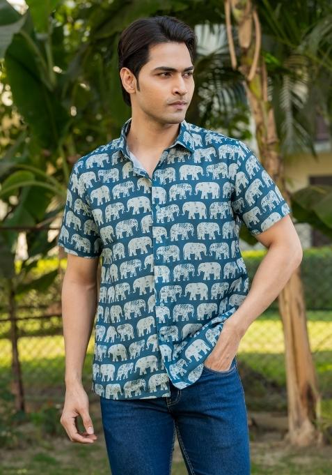 Blue Printed Rayon Shirt For Men